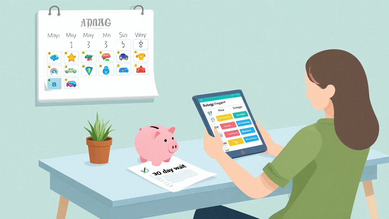 Человек планирует бюджет в приложении, рядом чек‑лист и копилка.