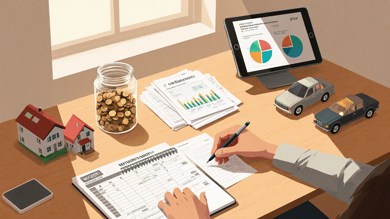 Человек за столом проверяет бюджет, сбережения, кредиты и активы в домашнем офисе.