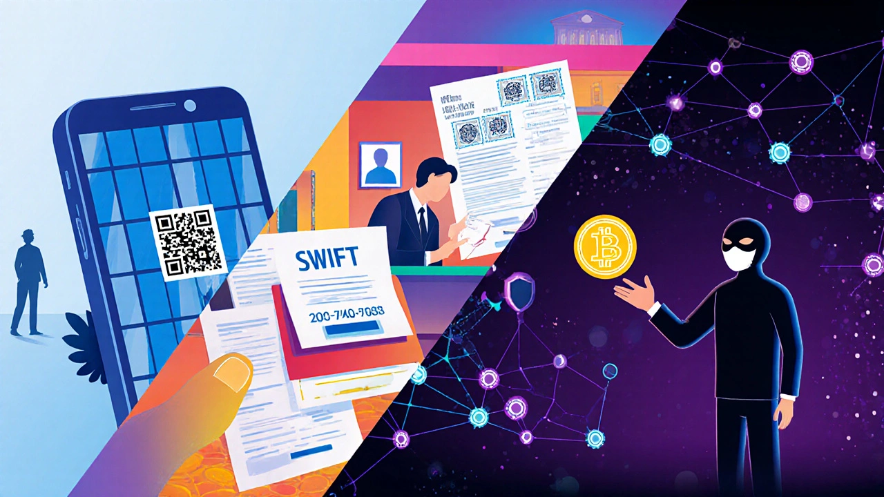 Четыре визуальных фрагмента показывают SBP, SWIFT, электронный кошелёк и криптовалюту.