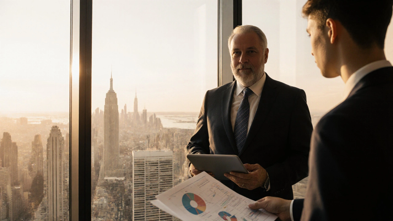 Финансовый директор в офисе обсуждает инвестиционные модели с ассистентом.