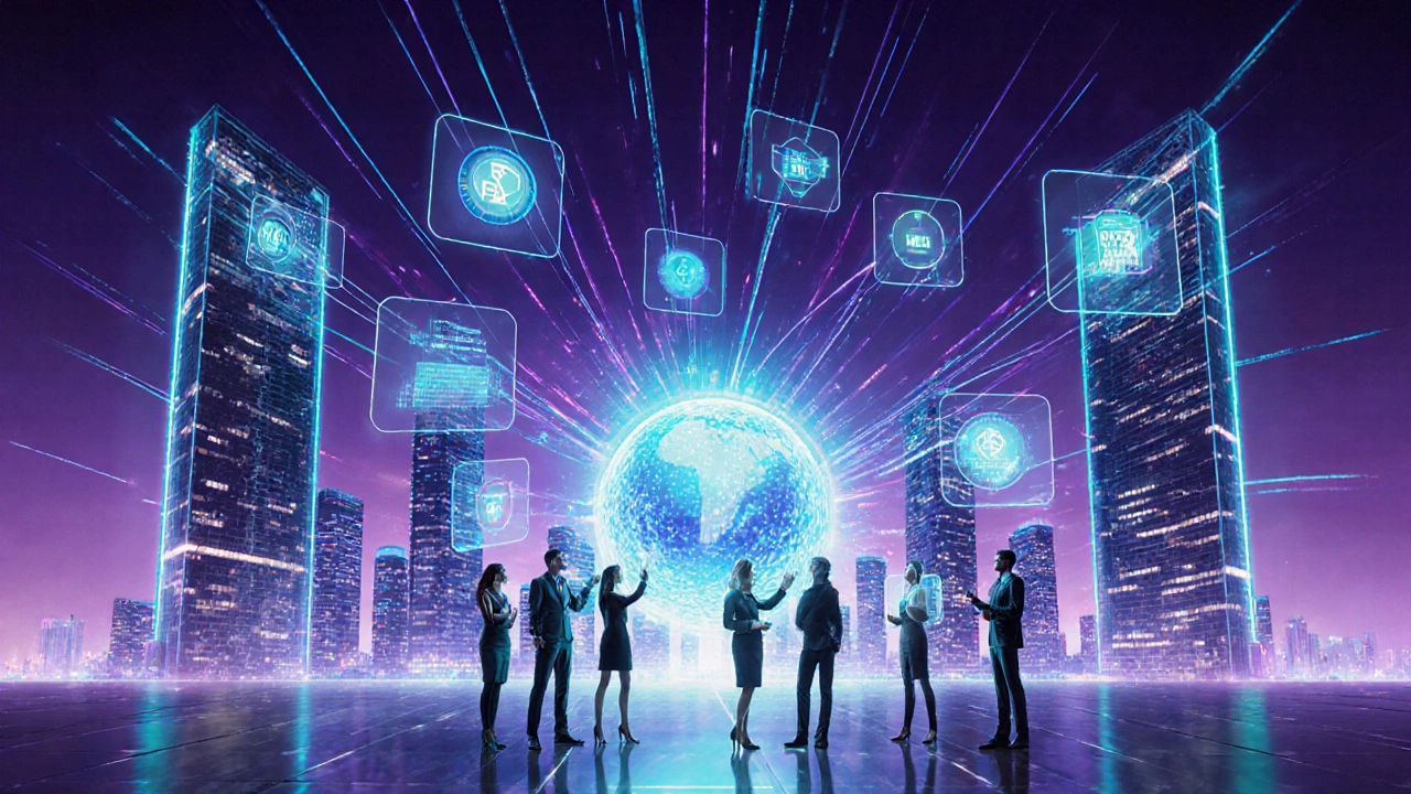 Футуристический финансовый центр с AR‑интерфейсами, блокчейном и ESG‑панелями.