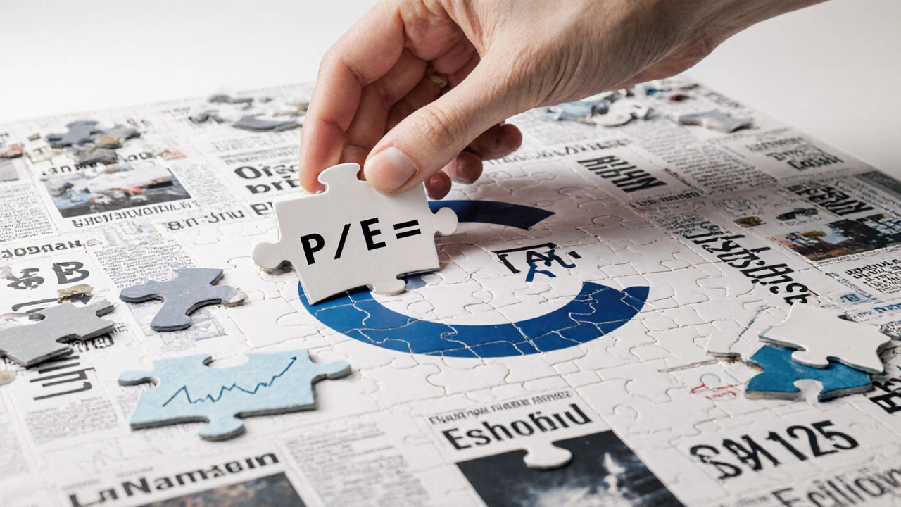Рука вставляет ключевой элемент P/E в мозаику компании, вокруг — факторы, влияющие на акции.