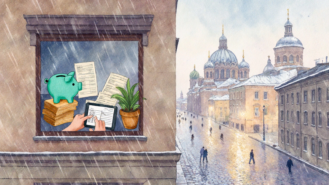 Санкт‑Петербургская улица с квартирой, где человек проверяет финансы, копилку и растущий инвестиционный горшок.