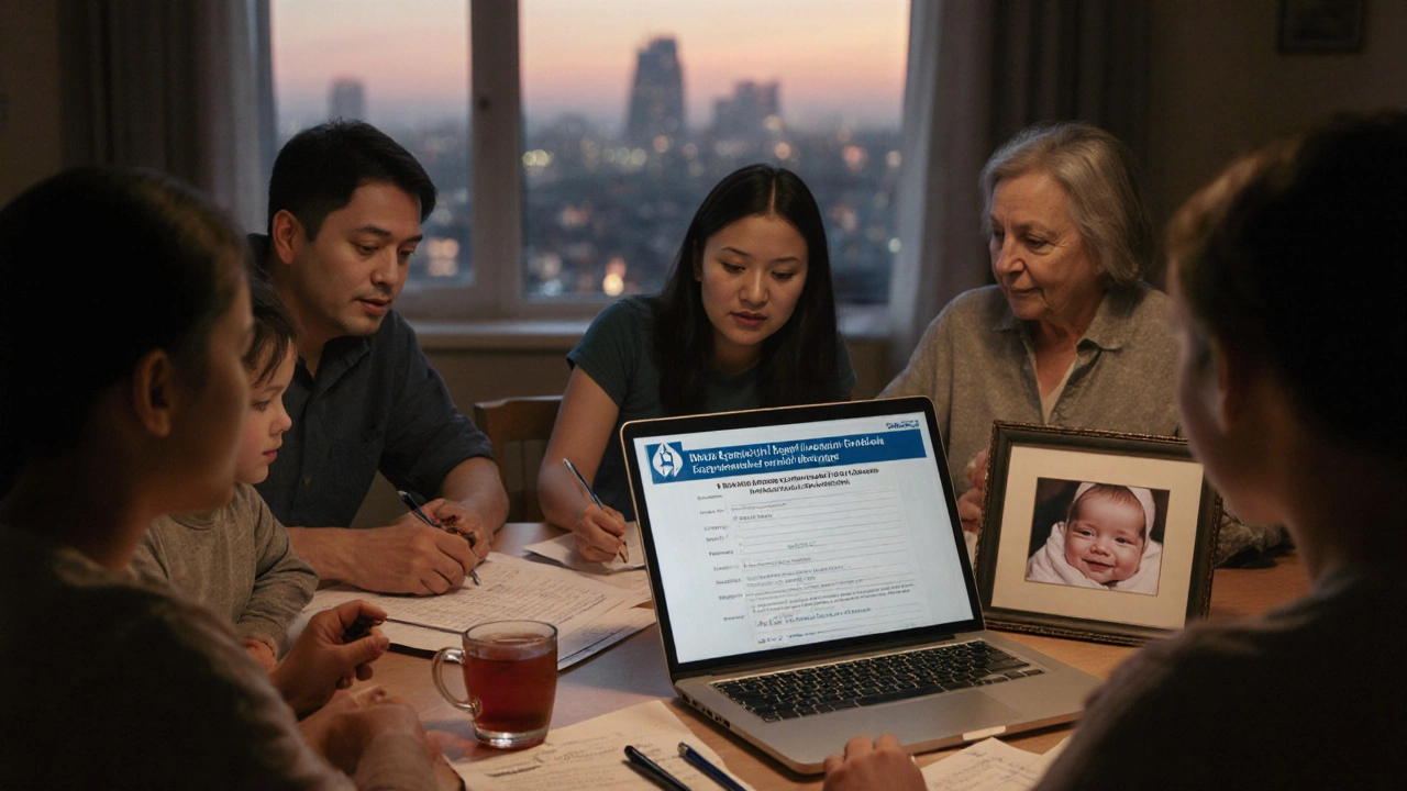 Семья с тремя детьми изучает документы на ипотеку с материнским капиталом за кухонным столом