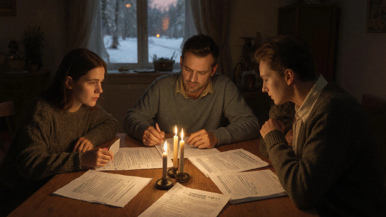 Семья за столом рассматривает документы по жилью, ипотеке, вкладу, ПИФ и образованию.