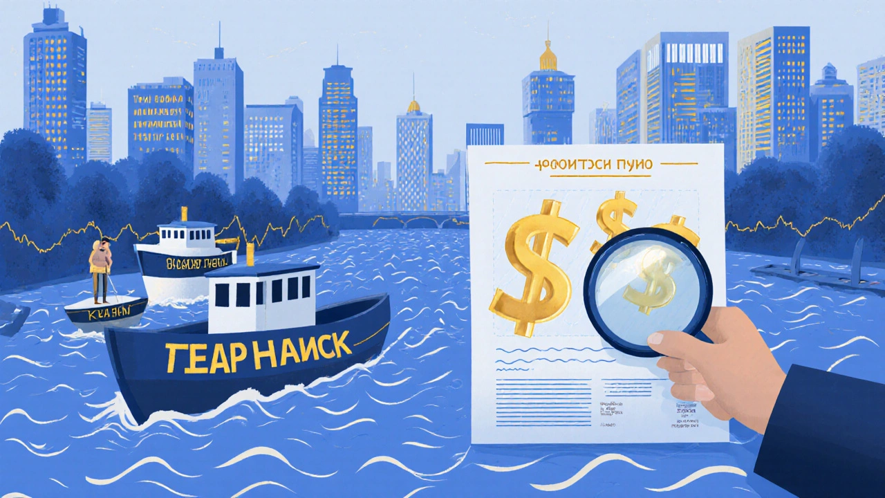 Символический график акций как река с лодками компаний, человек с лупой изучает финансовые показатели.
