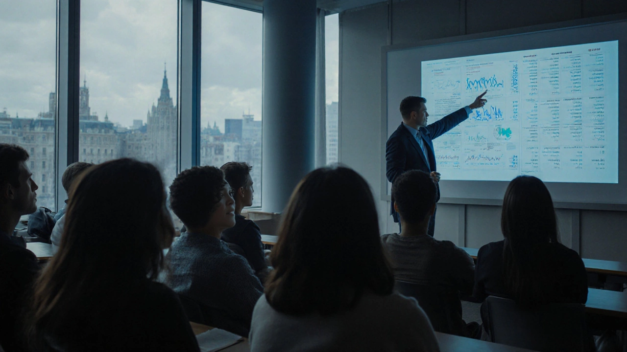 Студенты на лекции по финансам в университете смотрят на графики и балансы.