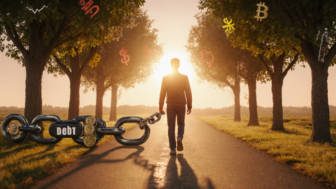 Уверенный человек идёт по яркой дороге, где растут деревья‑монеты, а долг исчезает.
