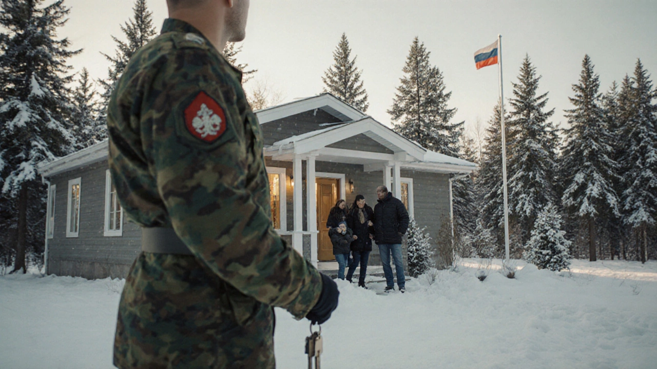 Военнослужащий в форме входит в дом на Дальнем Востоке с семьей под зимним небом