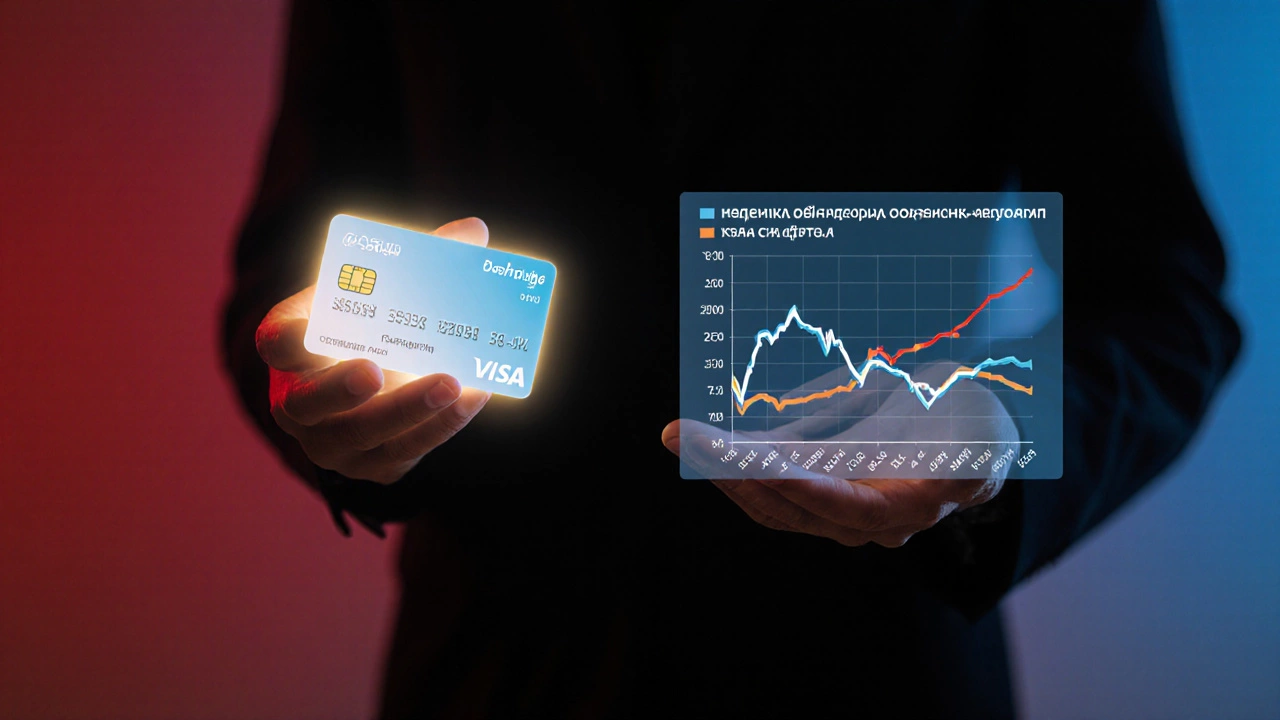 Человек держит кредитную карту и диаграмму, показывающую улучшение кредитной истории.