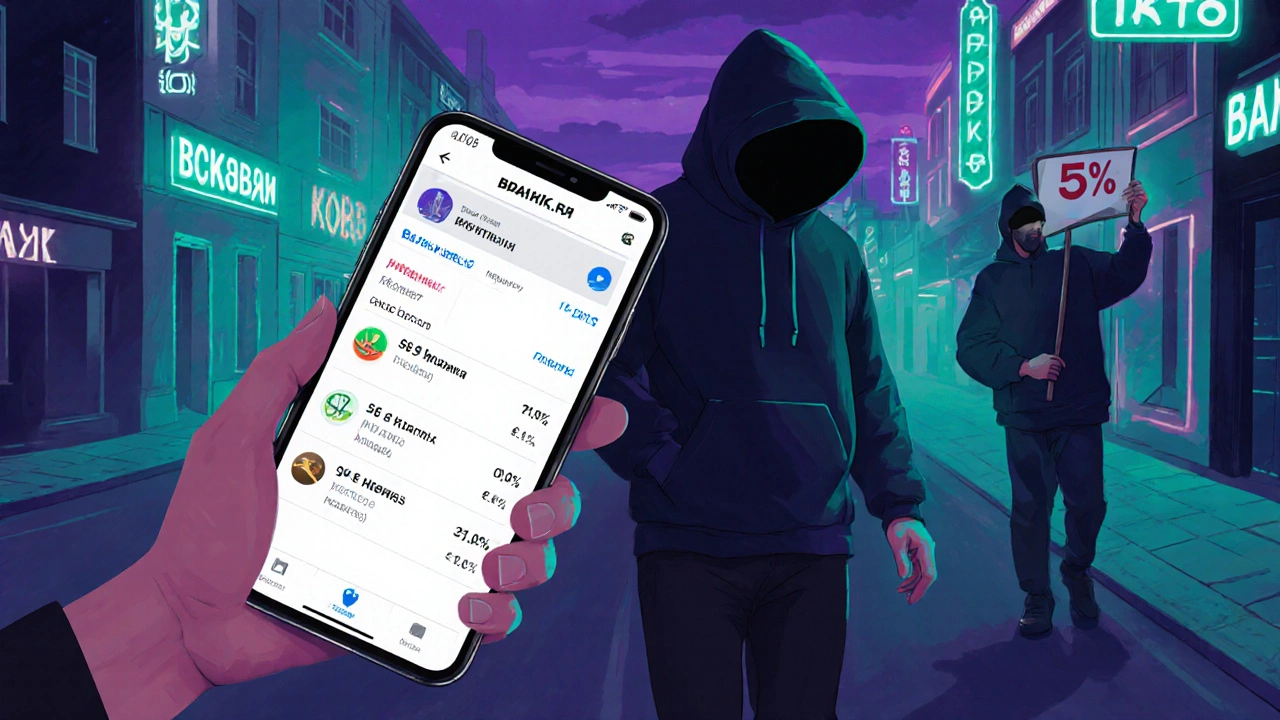 Человек с телефоном, показывающим сравнение кредитов, в то время как мошенник исчезает в тени.