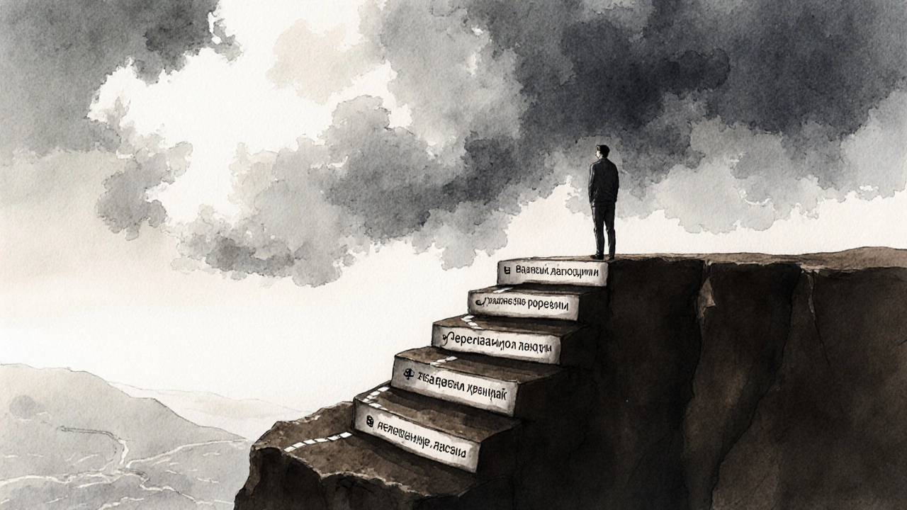 Человек стоит на краю скалы, смотрит на путь из семи шагов к финансовой свободе.