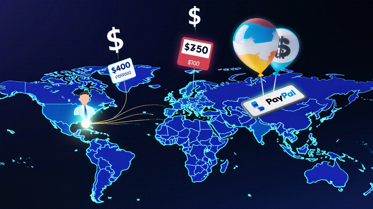 Глобальная карта с путями к банкам США, над картой — плавающие суммы бонусов и символы платежных систем.