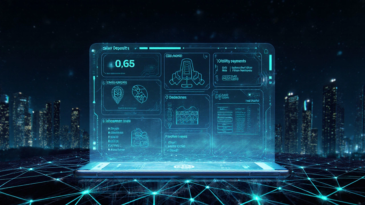 Голографическая панель с финансами, ИИ-советами и биометрическим входом в цифровой экосистеме.