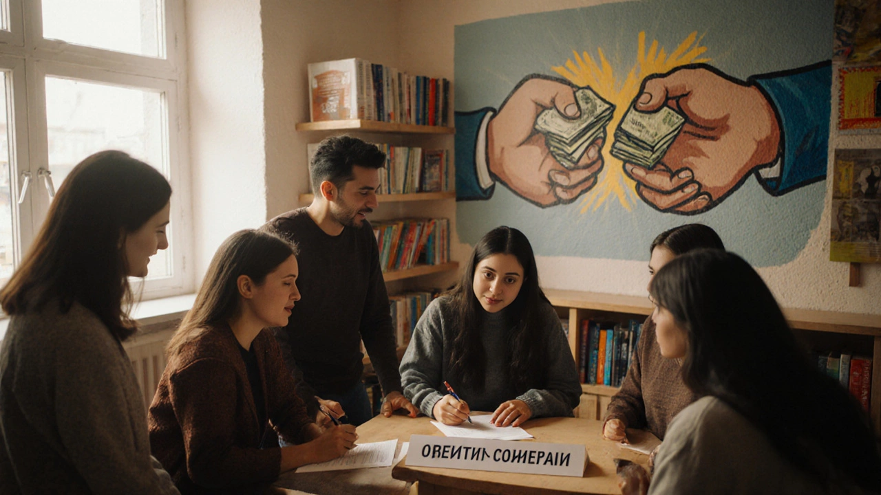 Люди подписывают документы в кредитном кооперативе, окруженные книгами и тёплым светом.