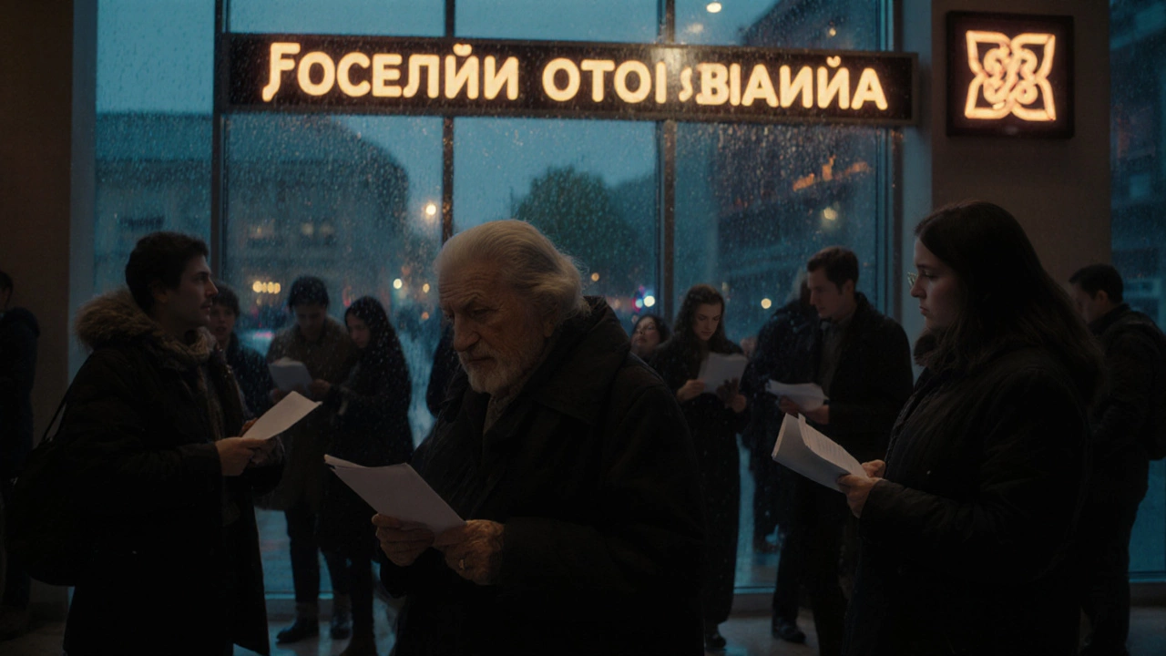 Люди в банке узнают о отзыве лицензии, женщина держит сберегательную книжку под дождевым окном.