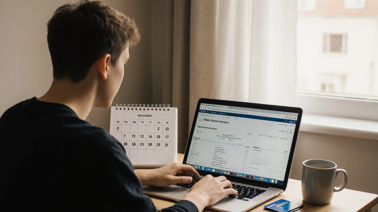 Молодой человек проверяет кредитную историю за компьютером с кредитной картой на столе.