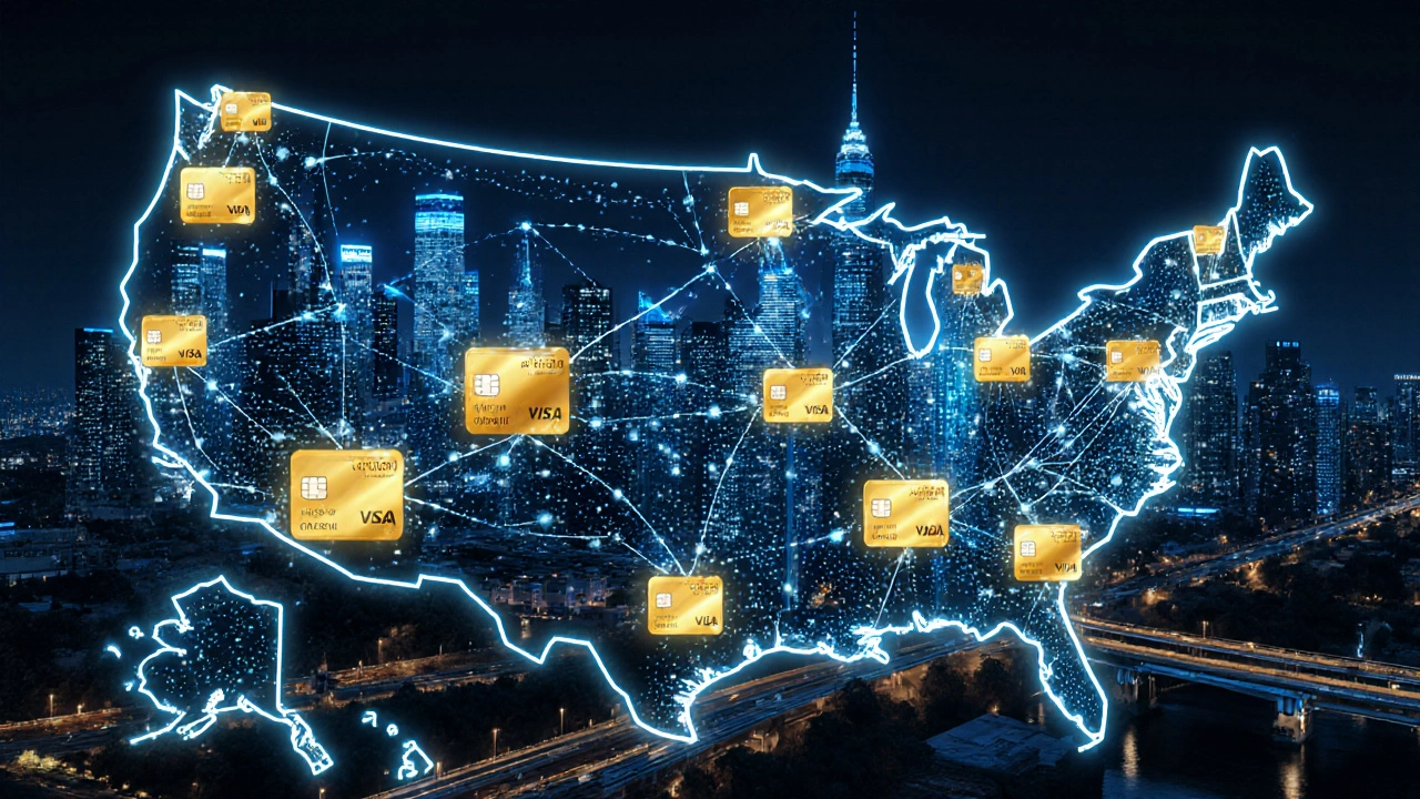 Ночной городской пейзаж, построенный из светящихся элементов кредитных карт и данных.