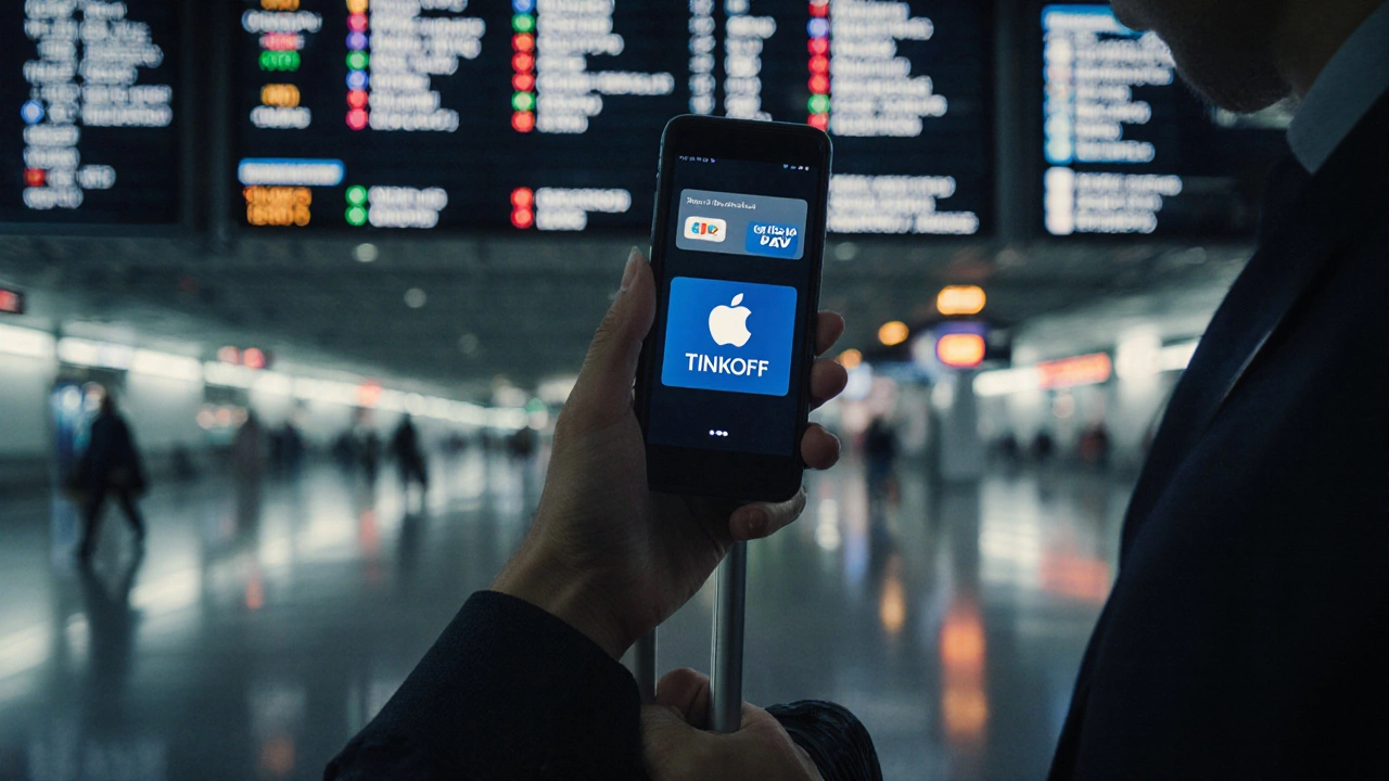 Путешественник в аэропорту использует цифровую карту Тинькофф в приложении для оплаты, физической карты нет.