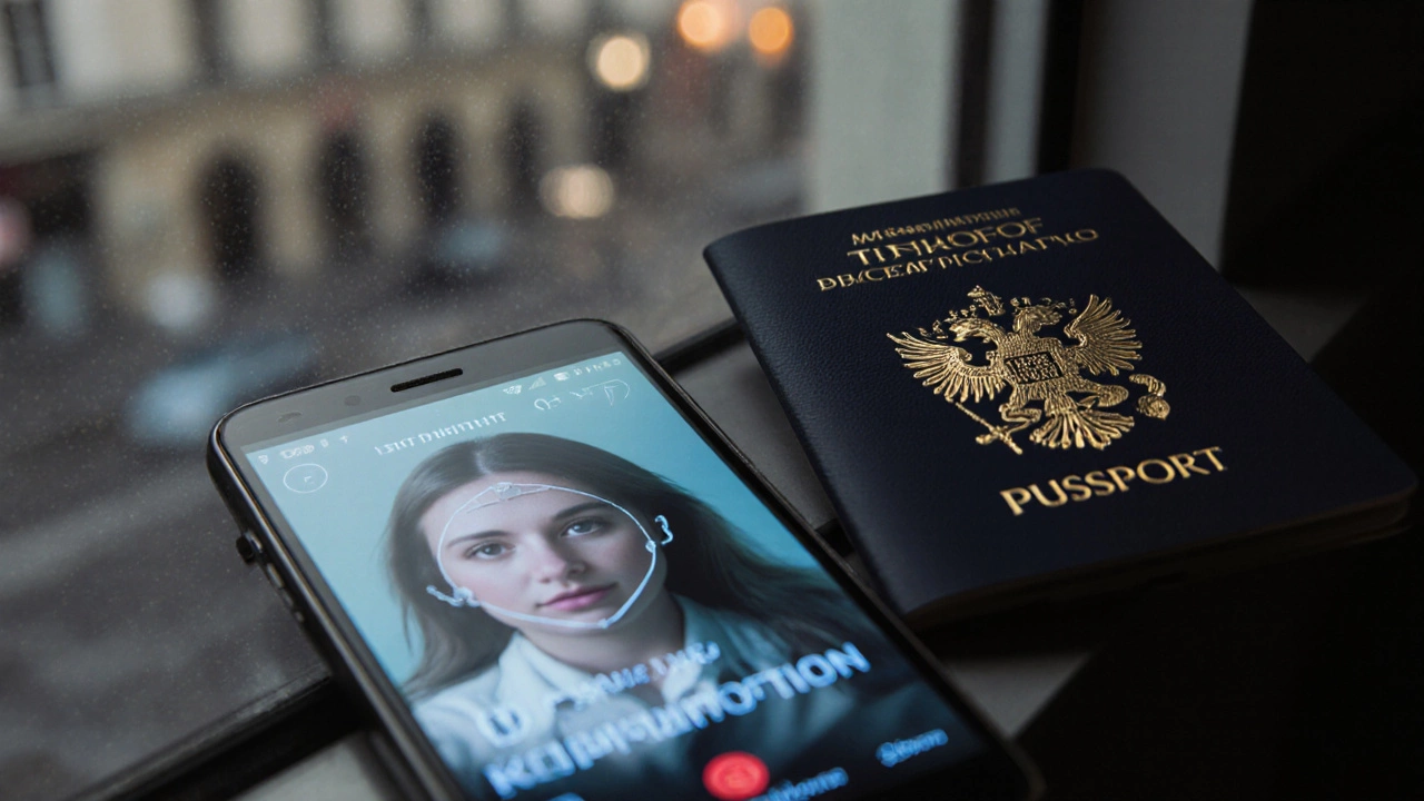 Российский паспорт и смартфон с приложением Тинькофф, показывающим биометрическую верификацию лица.