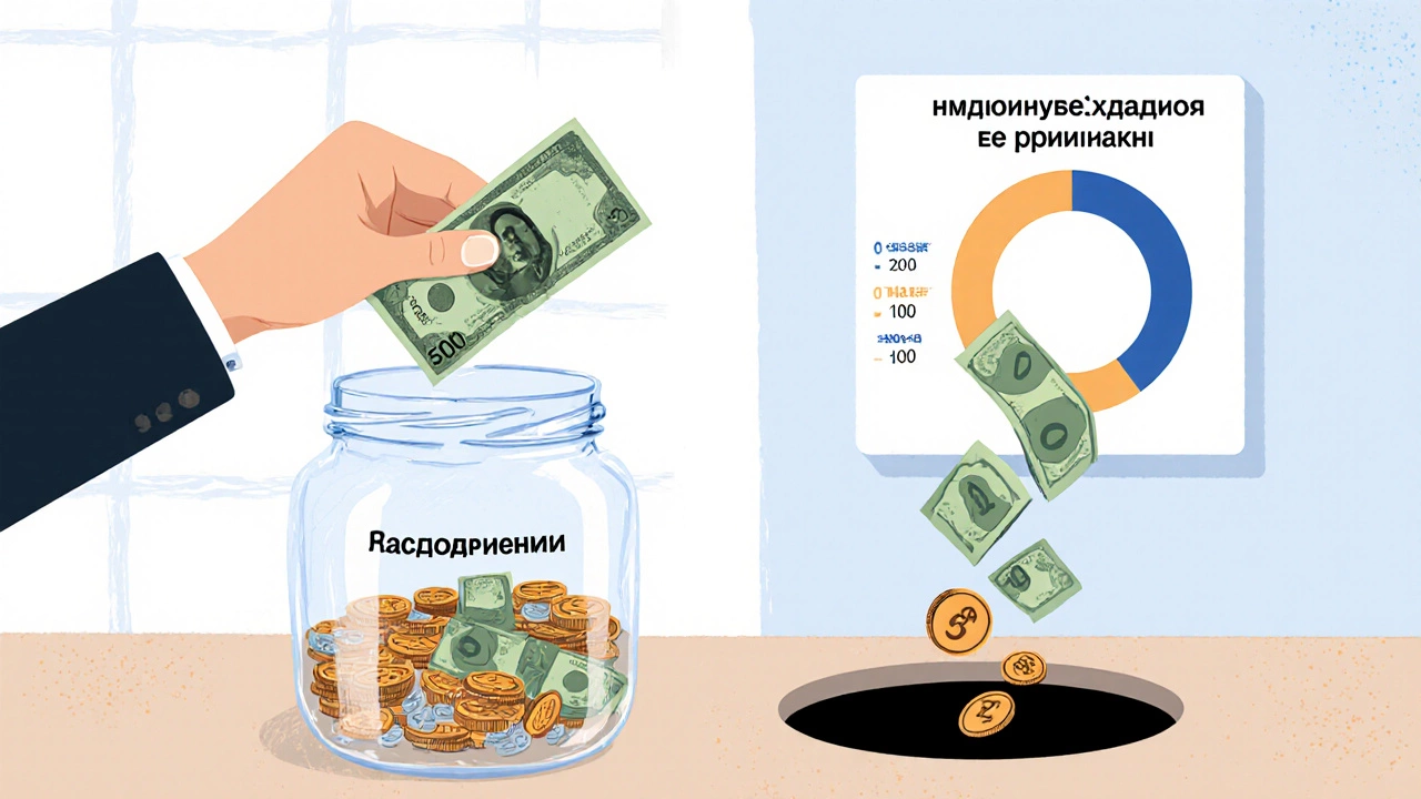 Рука кладет 500 рублей в банку для сбережений, остальные деньги исчезают в темной дыре.