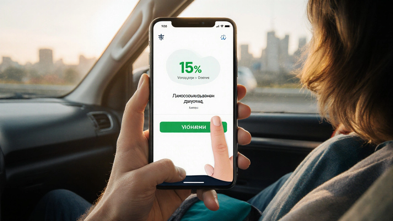 Смартфон с приложением Тинькофф на приборной панели машины во время поездки.