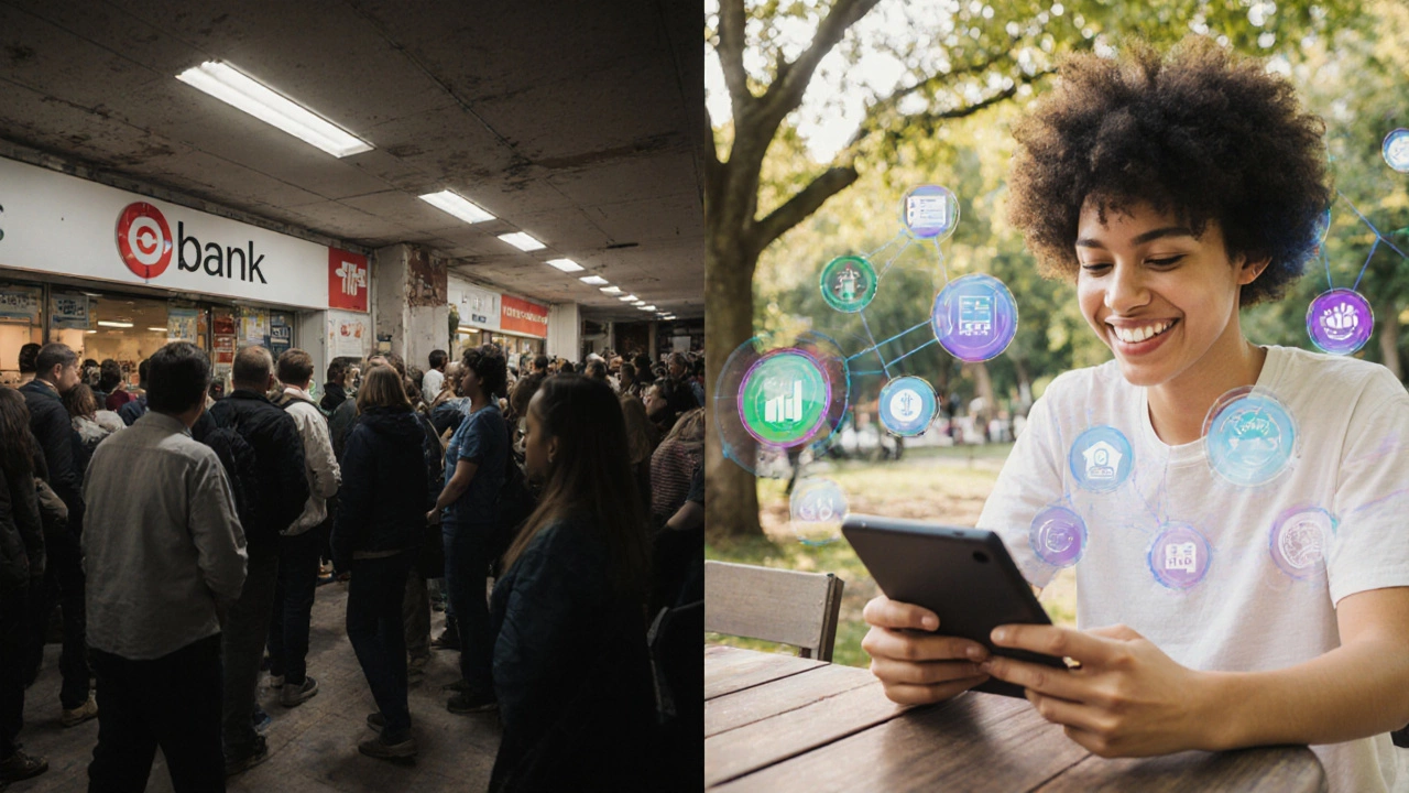 Сравнение: традиционный банк с очередями и современный пользователь онлайн-банка в парке.