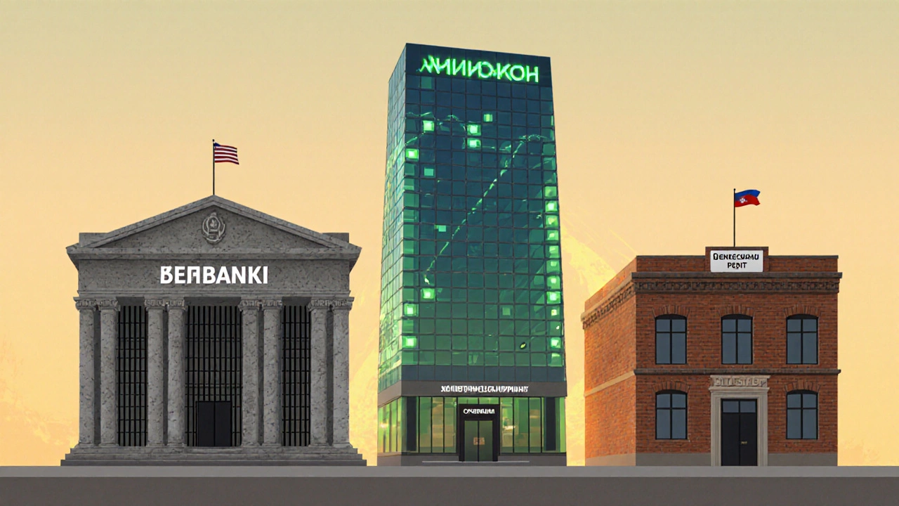 Три банка: строгий, современный и умеренный — символы разных шансов на кредит.