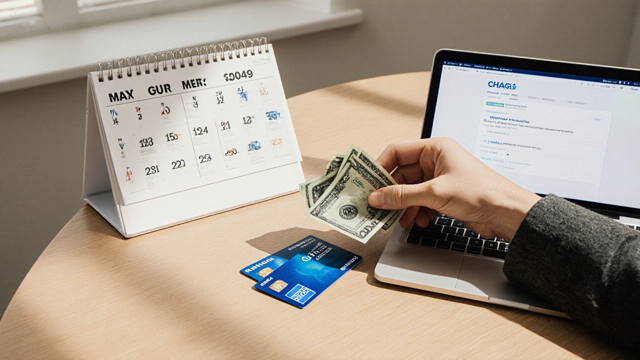 Три кредитные карты и стопка наличных на столе, рядом календарь с отметками сроков выполнения условий.