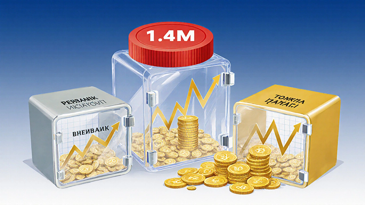 Три прозрачных сейфа с деньгами и графиками процентов, один с ограничением 1,4 млн рублей.