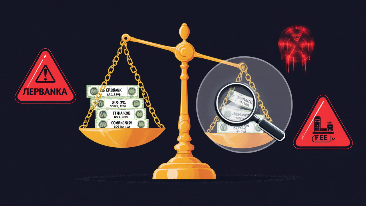 Весы с кредитными предложениями и скрытыми комиссиями, символизирующие реальную стоимость кредита.