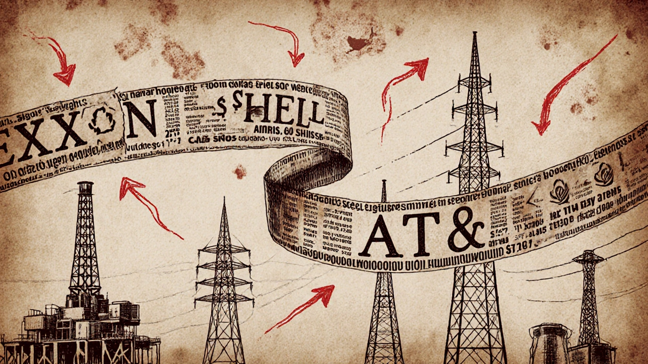 Винтажная газетная иллюстрация с тикером и символами нефтяных вышек, телекоммуникаций и энергетики.