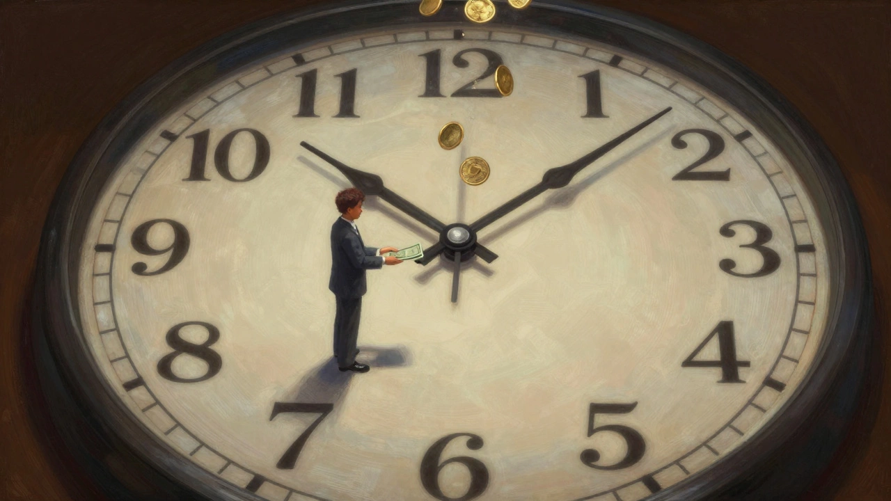 Часы с 30 часами, каждый из которых обозначает этап жизни, а человек отдает деньги банку.