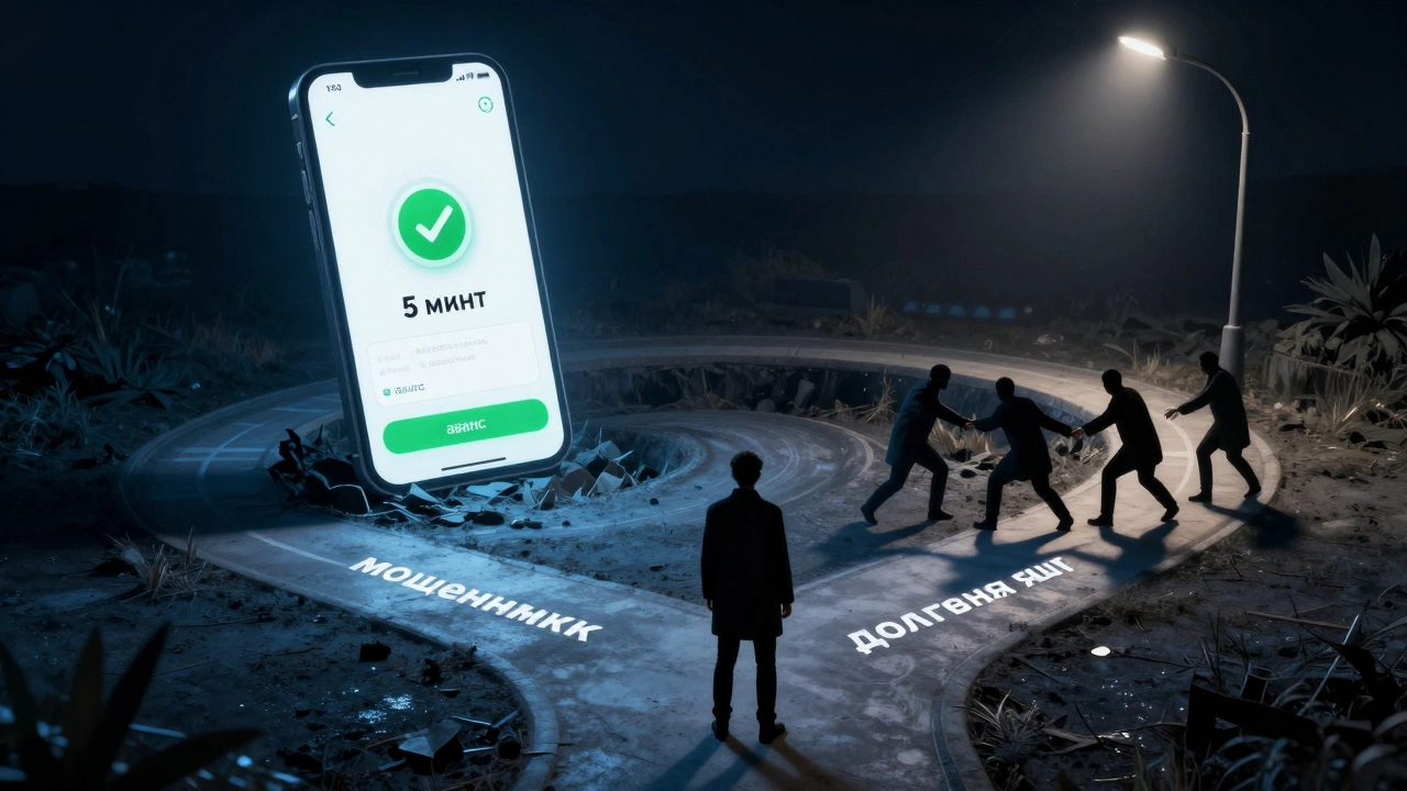 Человек на перекрестке: один путь к быстрому займу, другой — в долговую яму с тенями мошенников.