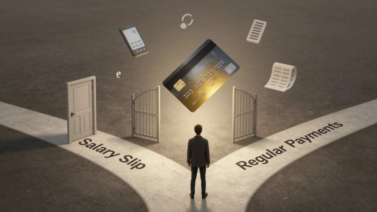 Человек стоит на перекрестке: один путь закрыт, другой ведет к кредитной карте через регулярные платежи.