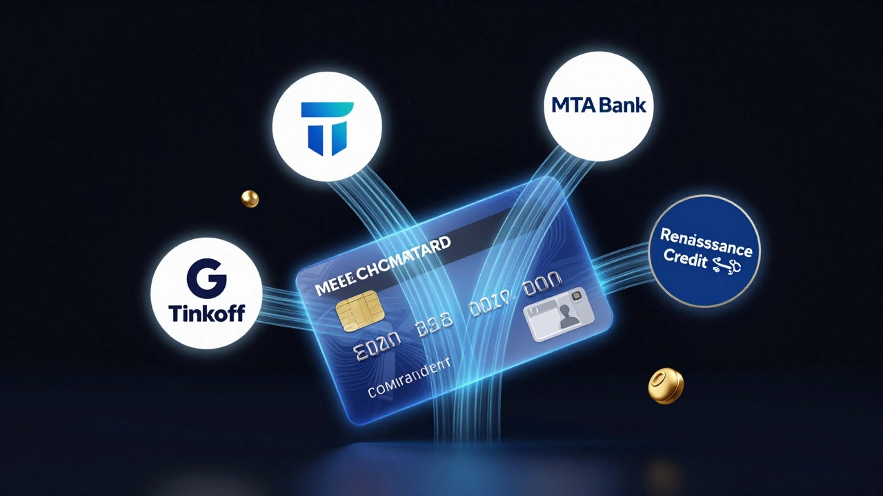 Четыре банковских логотипа окружают кредитную карту, вокруг — потоки платежей за услуги и переводы.