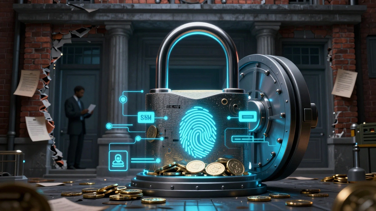 Цифровая защита финансов: биометрия и шифрование охраняют деньги, в то время как традиционный банк исчезает в тени.
