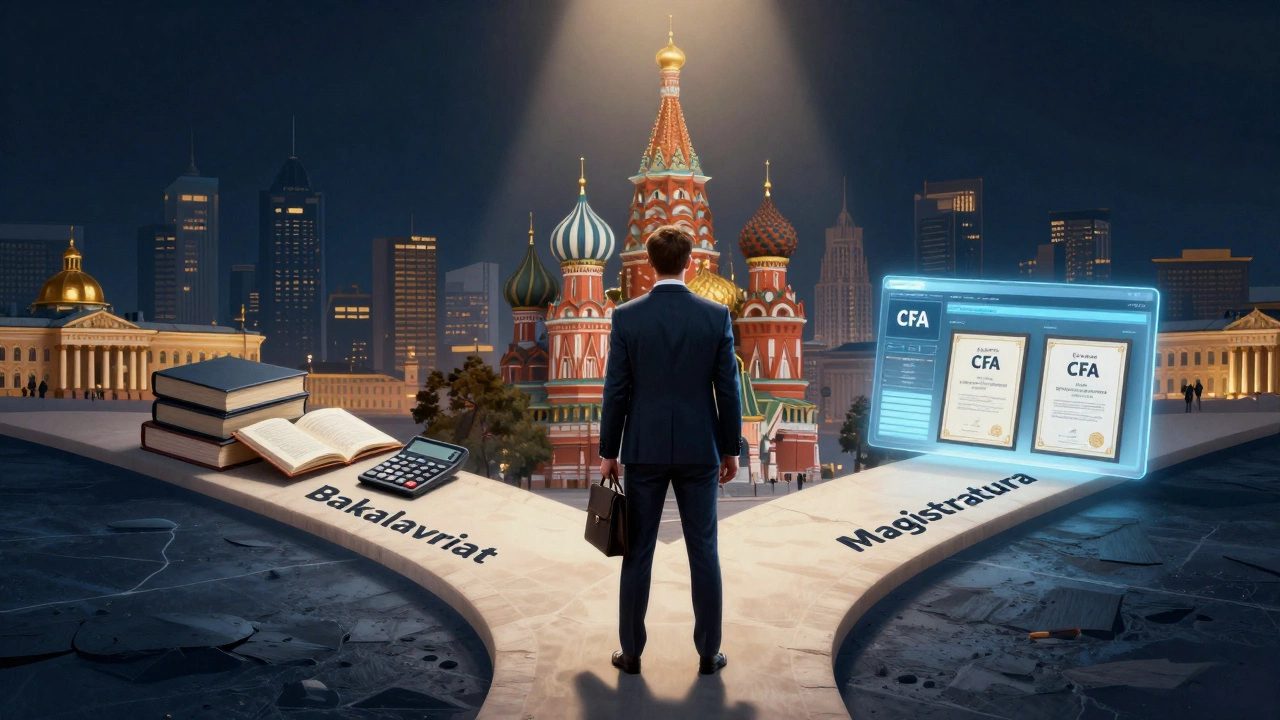 Финансист на перепутье между бакалавриатом и магистратурой с символами профессии.
