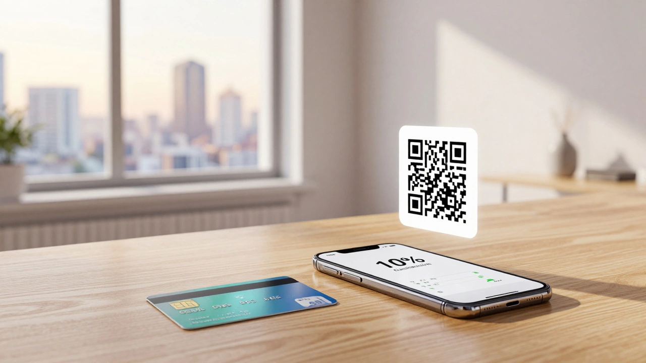 Карта Тинькофф на столе с уведомлением о кэшбэке и QR-кодом для оплаты.