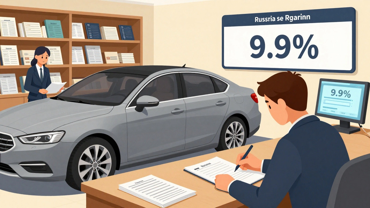 Клиент оформляет кредит под залог автомобиля в банке, на экране видна ставка 9,9%.