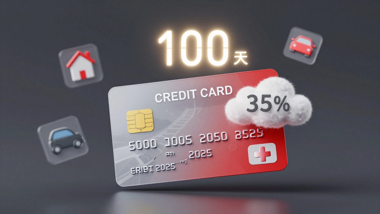 Кредитная карта с таймером льготного периода, одна часть — чистая, другая — с угрозой высоких процентов.