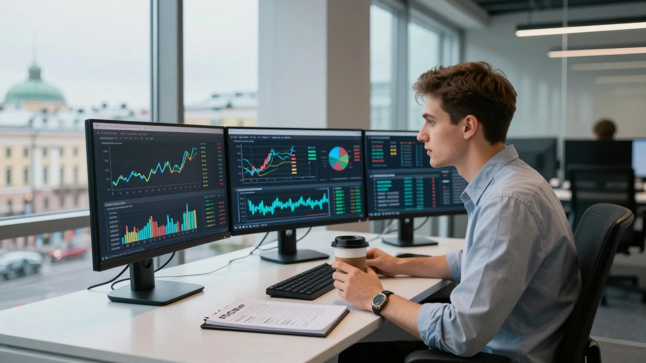 Молодой финансист анализирует данные на мониторах в офисе Петербурга.