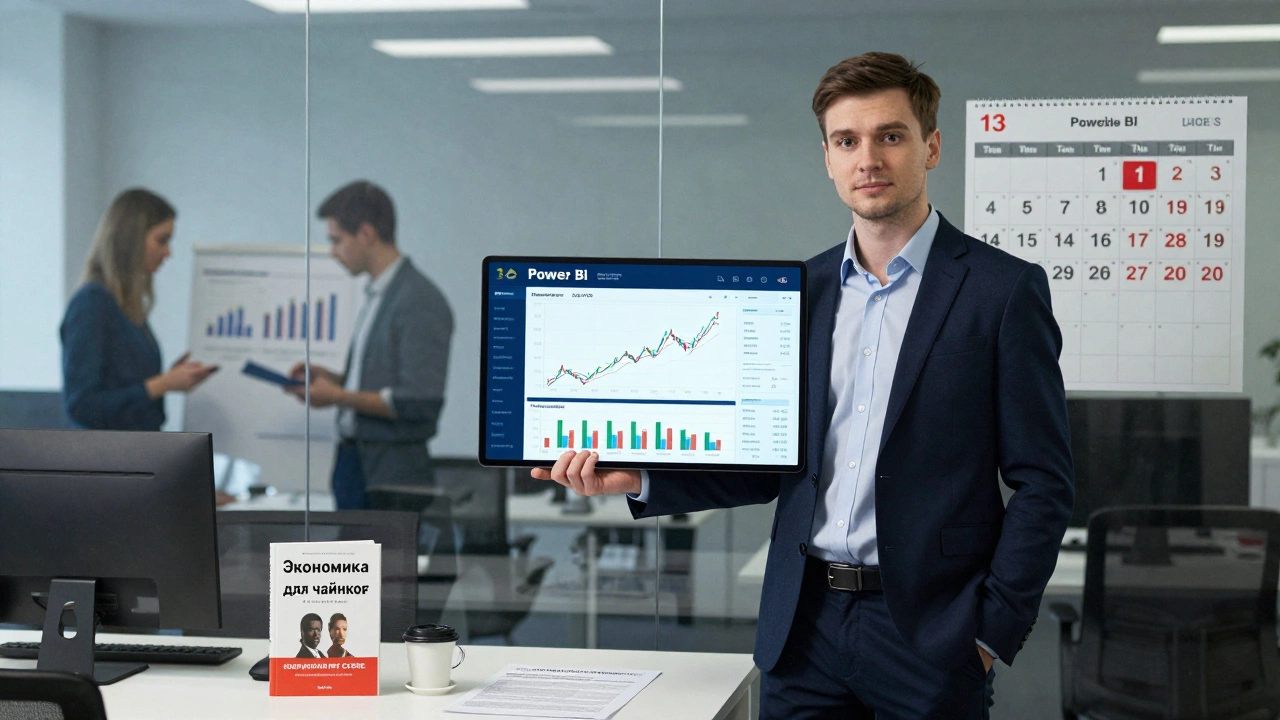 Молодой финансист демонстрирует дашборд Power BI в современном офисе с отчетами 1С и налоговым кодексом.