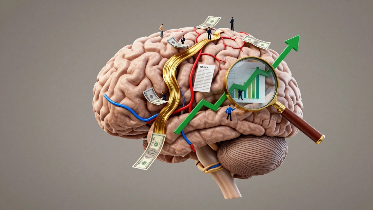 Мозг, изображенный как живой организм с финансовыми потоками: доходы, долги и налоги, в виде цветных каналов.