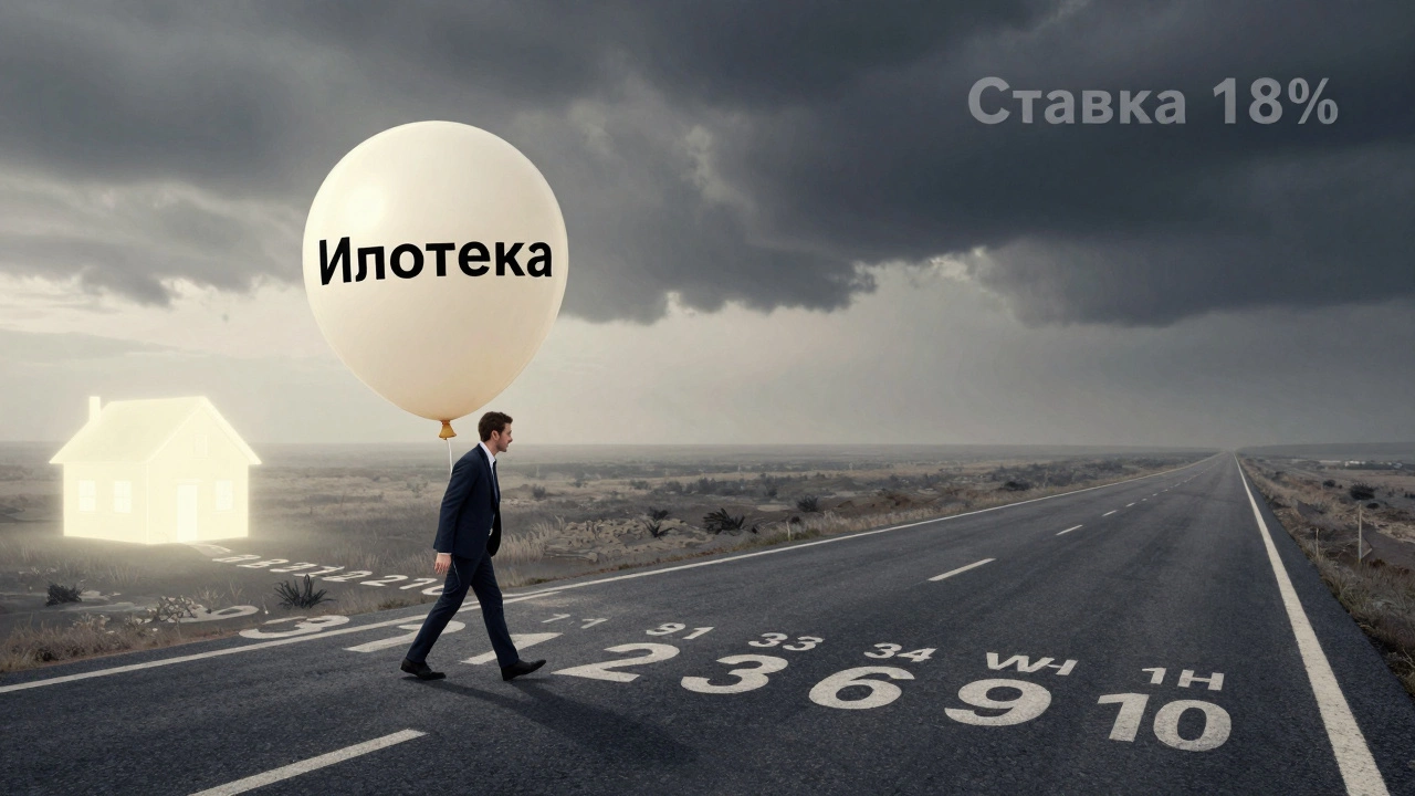 Мужчина идет по длинной дороге с годами, неся надувной шар 'Ипотека', который медленно сдувается.