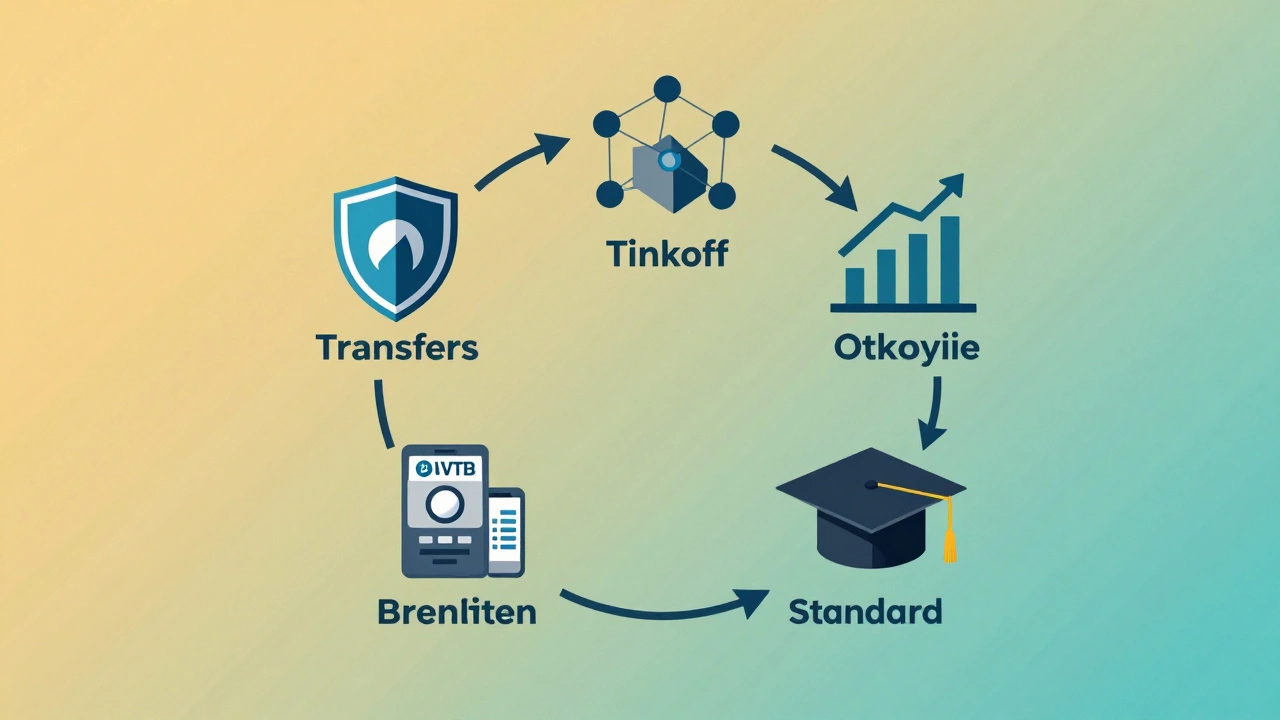 Пять стилизованных иконок банков, каждая связана с конкретным финансовым сценарием: переводы, кредиты, приложения.