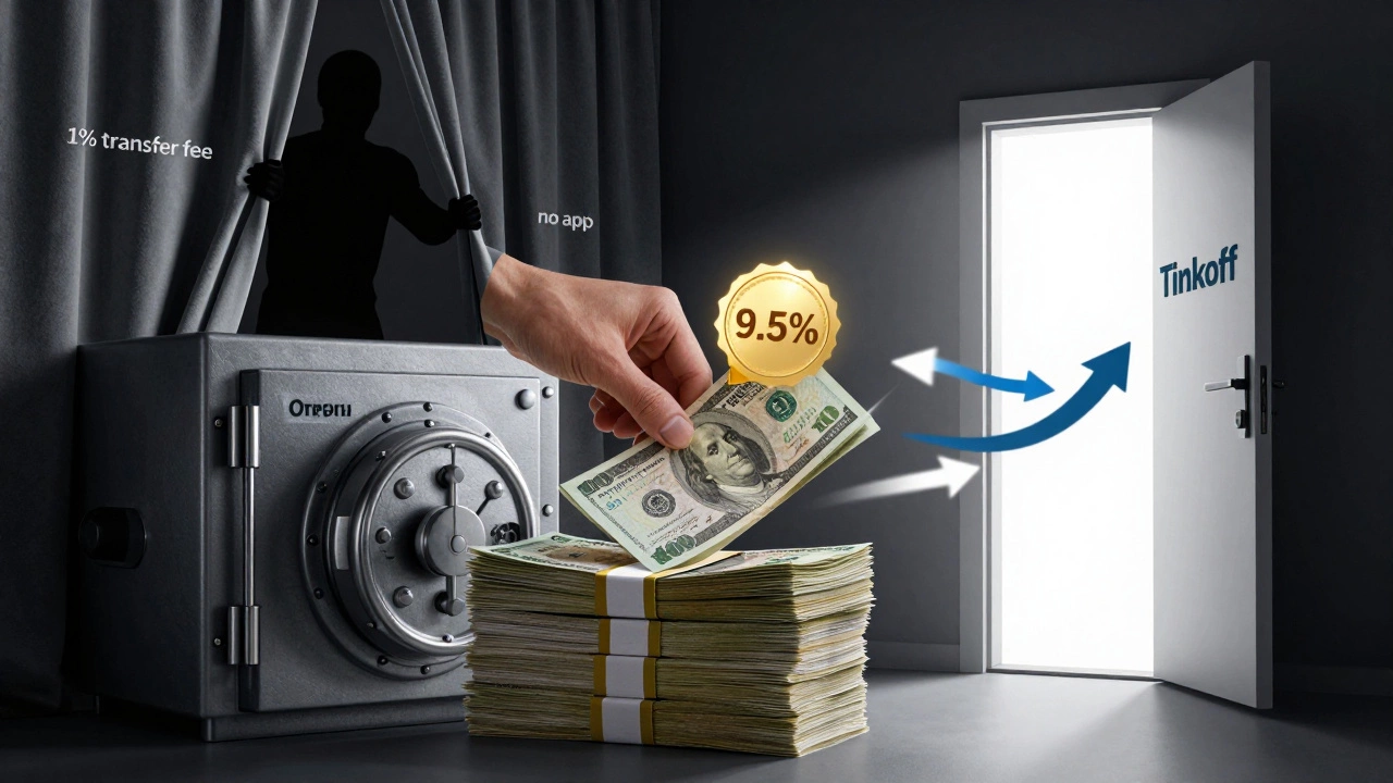 Рука кладет деньги в цифровой сейф с 9,5% — позади видны скрытые комиссии, напротив — открытый вход с нулевыми платежами.