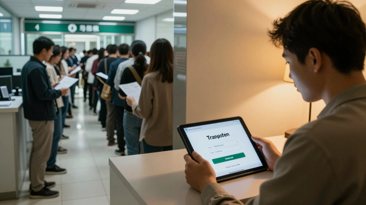 Сравнение: людная банковская очередь и спокойный цифровой банк в домашней обстановке.