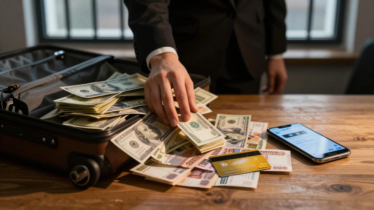 Сумка с долларами рядом с рублями и картой — символ валютных ограничений в России.