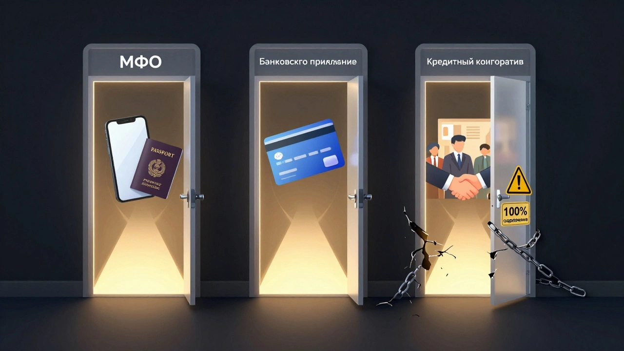 Три прозрачные двери с путями к займам: МФО, банк, кооператив — четвертая дверь закрыта цепями.
